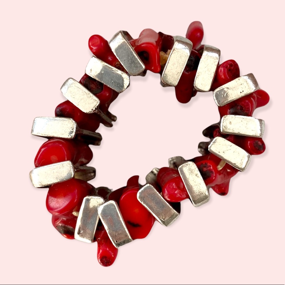Red Coral and Silver Bracelet